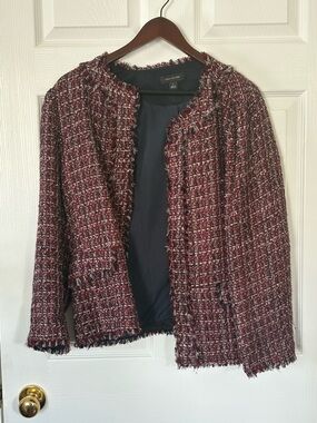 Ann Taylor Burgundy Tweed Fringe Open-Front Blazer